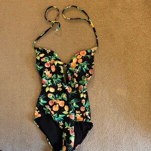 Black One-Piece Swimsuit with Orange Floral Print